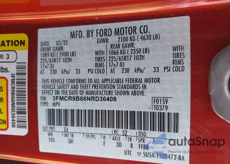 2022 Ford Bronco Sport Big Bend из США, поврежденный, VIN 3FMCR9B66NRD36408